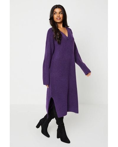 Oasis Petite Rib Detail V Neck Cosy Midi Dress - Purple