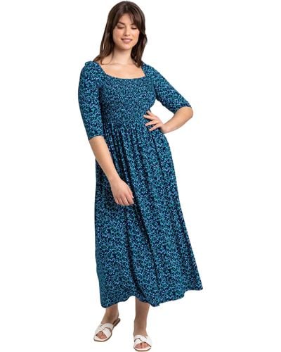 Roman Curve Ditsy Floral Shirred Midi Dress - Blue