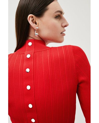 Karen Millen Rib Knit Button Back Funnel Neck Top - Red