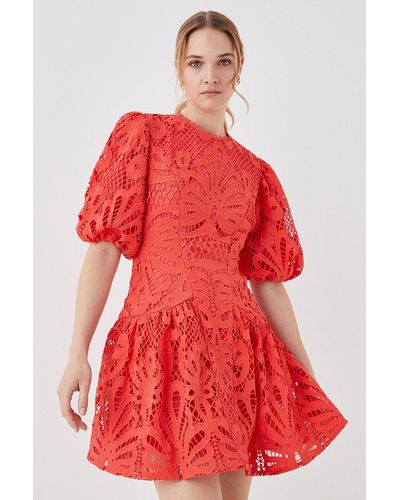 Coast Premium Puff Sleeve Lace Mini Dress - Red