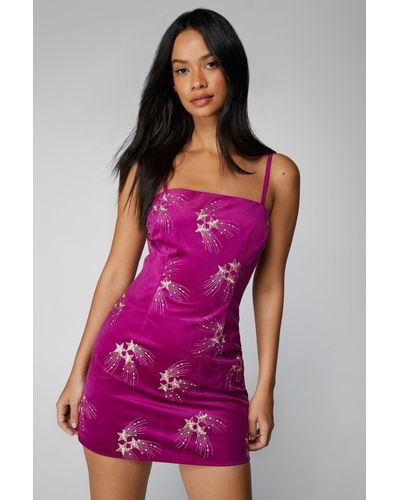Nasty Gal Premium Embroidered Velvet Mini Dress - Purple