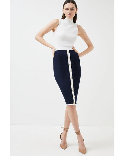 Karen Millen Petite Military Trim Rib Knit Pencil Skirt - Blue