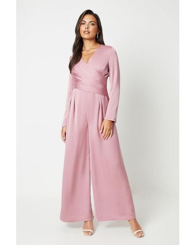 Coast Drape Wrap Waist Wide Leg Satin Jumpsuit - Pink