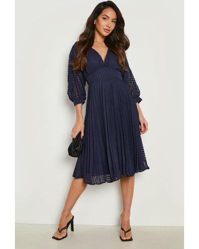 Boohoo Dobby Mesh Pleated Balloon Sleeve Midi Dress - Blue