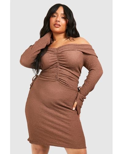 Boohoo Plus Textured Off Shoulder Ruched Bodycon Dress - Brown