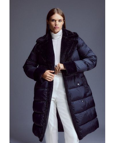 Karen Millen Faux Fur Lined Belted Puffer Coat - Blue