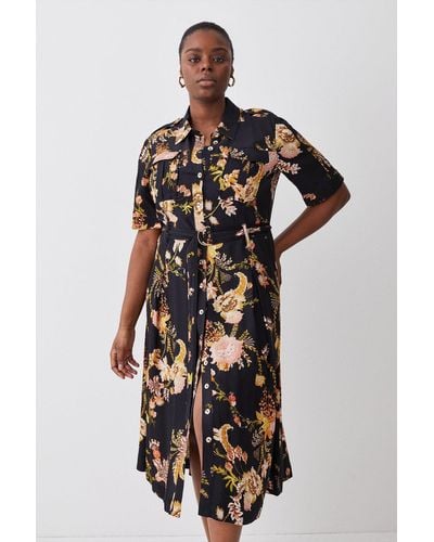 Karen Millen Plus Size Floral Premium Linen Woven Shirt Dress - Black