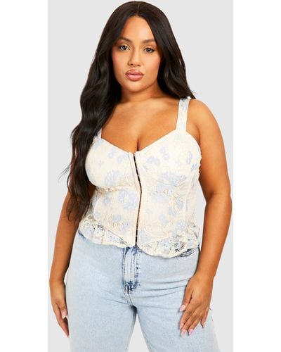 Boohoo Plus Contrast Lace Hook And Eye Corset Top - White