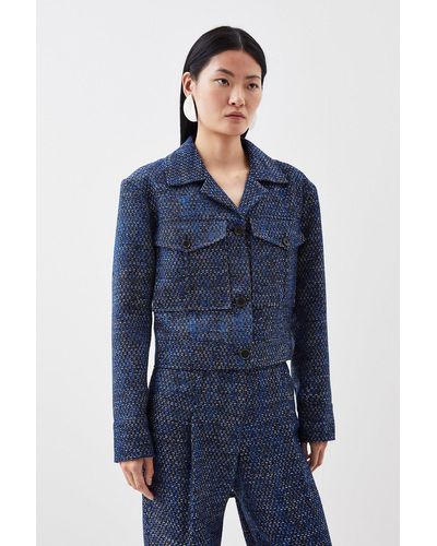 KarenMillen Denim Tweed Cropped Jacket - Blue