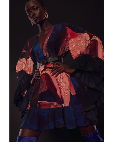 Karen Millen Shadow Belted Drama Sleeve Woven Kimono - Blue