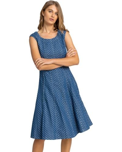 Roman Spot Print Top Stitch Skater Dress - Blue