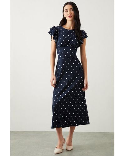 Dorothy Perkins Spot Print Ruffle Sleeve Empire Midi Dress - Blue