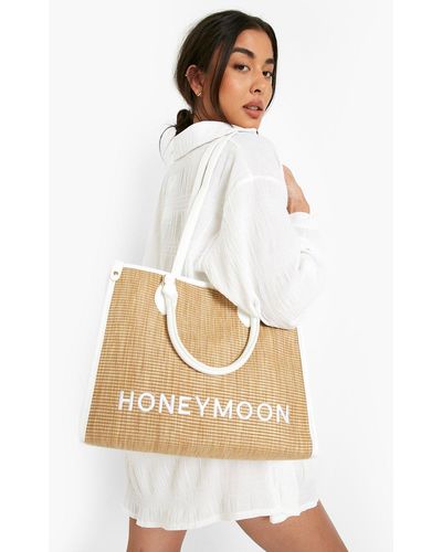 Boohoo Honeymoon Straw Beach Bag - White