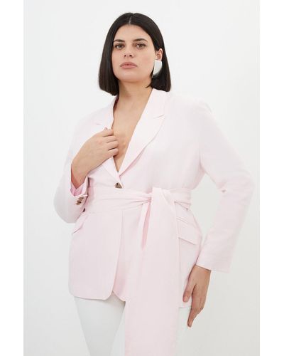 Karen Millen Plus Size Fluid Tailored Linen Tie Waist Longline Blazer - Pink