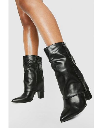 Boohoo Fold Over Calf High Boots - Black