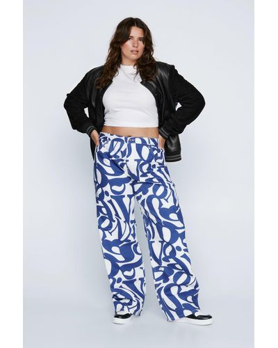 Nasty Gal Plus Size Letter Print 90s Straight Leg Trousers - Blue