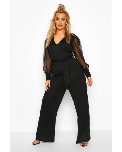 Boohoo Plus Plunge Organza Sleeve Wide Leg Jumpsuit - Black