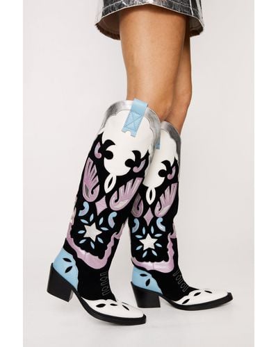 Nasty Gal Leather And Suede Colour Block Cowboy Boots - White