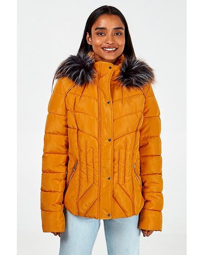 Blue Vanilla Mustard Faux Fur Hood Puffer Jacket - Orange