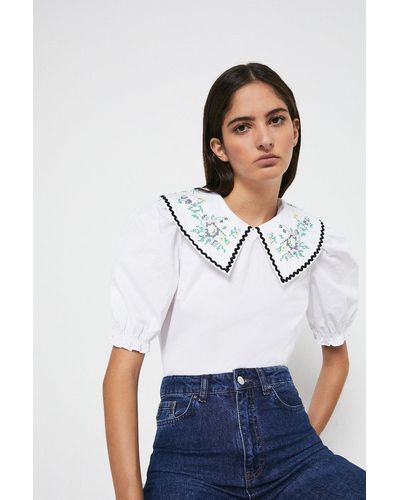 Warehouse Short Sleeve Top With Embroidered Collar - White
