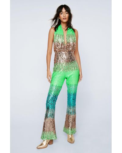 Nasty Gal Ombre Sequin Halter Neck Flare Jumpsuit - Green