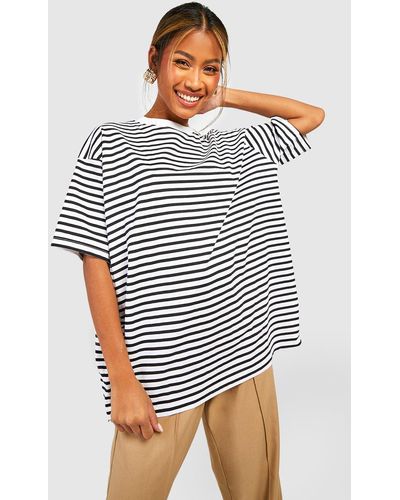 Boohoo Basic Cotton Oversized Striped T-shirt - White