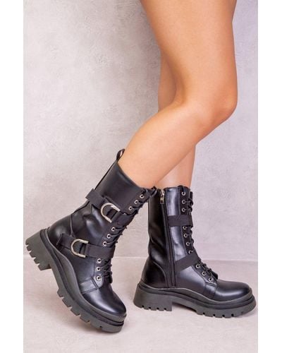 Where's That From 'arya' Buckle Lace Up Chunky Ankle Boots - Black