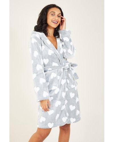 Yumi' Grey Heart Luxury Fleece Hooded Robe