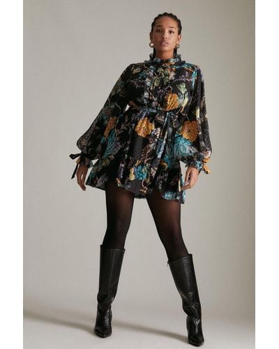 Karen Millen Plus Size Floral Paisley Dobby Woven Short Dress - Multicolour