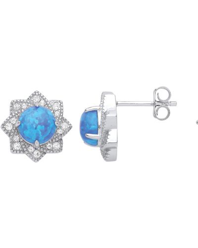 Jewelco London Silver Cz & Created Opal Fancy Stud Earrings - Gve969 - Blue