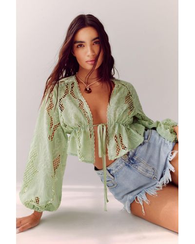 Nasty Gal Cutwork Tie Front Blouse - Green