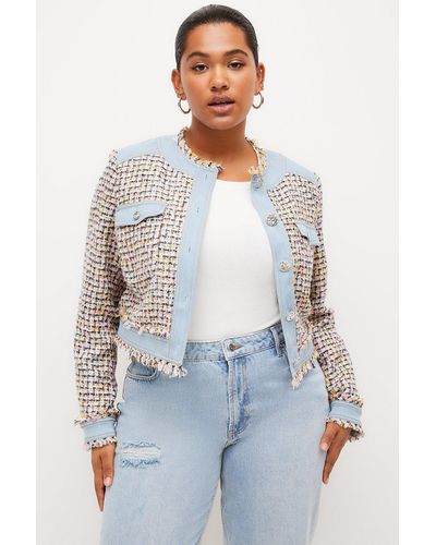 Karen Millen Plus Size Tweed And Denim Mix Jacket - White