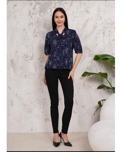 Hoxton Gal Short Sleeves Tie Neck Top With Moon And Star Printed - Blue