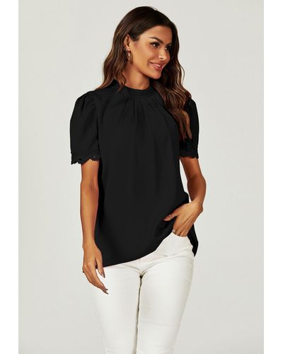 FS Collection Lace Trim Detail Short Sleeve High Neck Blouse Top In Black