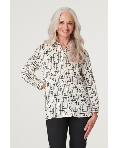 Izabel London Geo Print 3/4 Sleeve Shirt - Natural