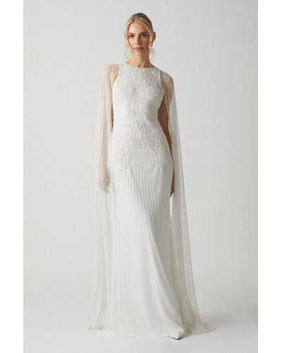 Coast Premium Embellished Wedding Dress With Cape Sleeves - White