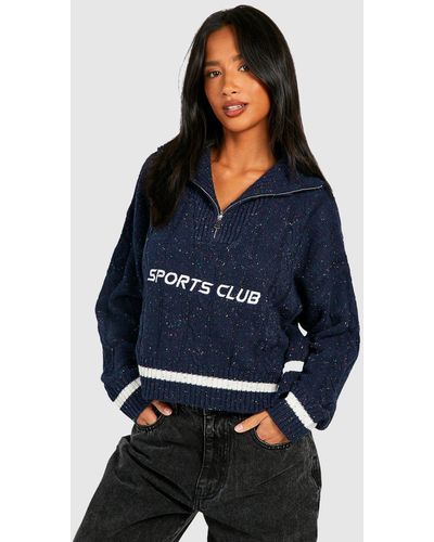 Boohoo Petite Embroidered Cable Knit Cropped Half Zip Jumper - Blue