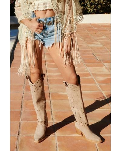 Nasty Gal Suede Studded Harness Knee High Cowboy Boots - Brown