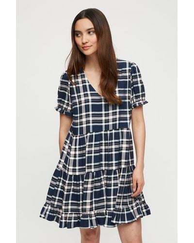 Dorothy Perkins Petite Check Tiered Smock Dress - Blue
