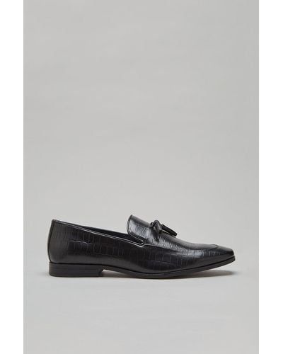 Burton Black Leather Croc Print Tassel Loafers - Grey