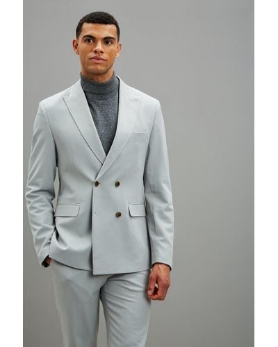 Burton Slim Fit Stone Double Breasted Stretch Suit Jacket - Grey