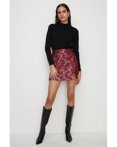 Oasis Flower Jacquard Aline Split Skirt - Red
