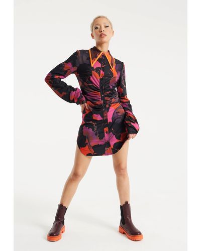House of Holland Abstract Wire Print Mesh Mini Shirt Dress With Buttons In Orange And Black - Red
