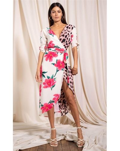 Dancing Leopard Olivera Floral Print Midi Dress Stylish Wrap Front V-neck Outfit - Pink