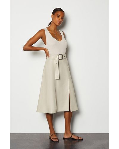 Karen Millen Leather A-line Belted Skirt - Natural