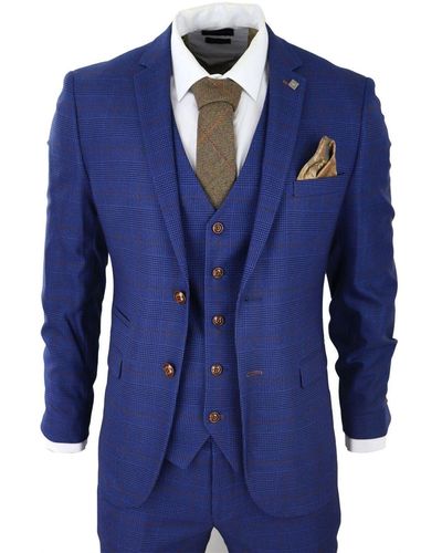 Paul Andrew Check 3 Piece Tailored Fit Suit - Blue