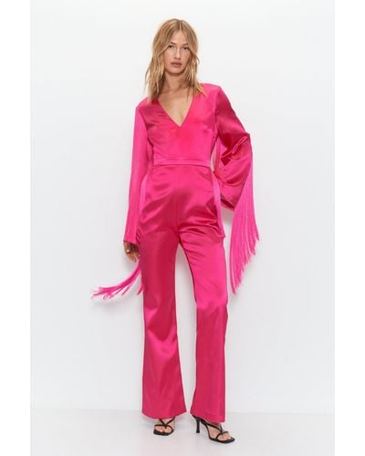 Warehouse Premium Bonded Satin Fringe 70s Jumpsuit - Pink
