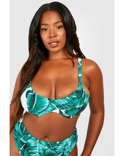 Boohoo Plus Essentials Leaf Print Underwired Bikini Top - Blue