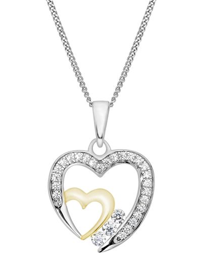 The Fine Collective Sterling Silver Two Colour Cubic Zirconia Double Heart Pendant Necklace - Metallic