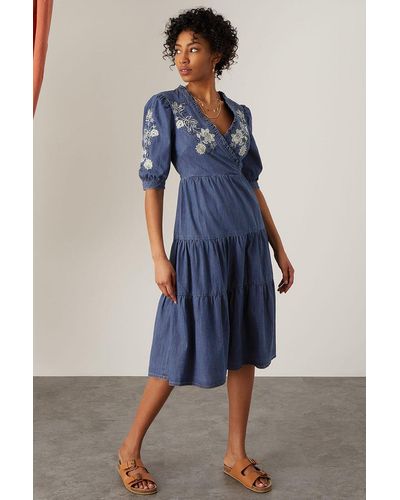 Monsoon 'dianna' Denim Embroidered Wrap Dolly Dress - Blue